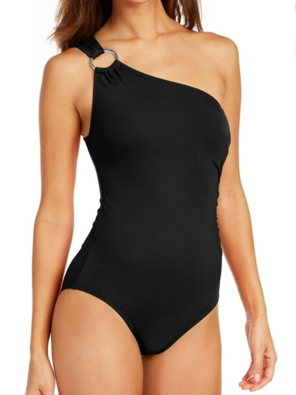 MICHAEL Michael Kors Black One-Shoulder Swimsuit with Silver Ring Size 10